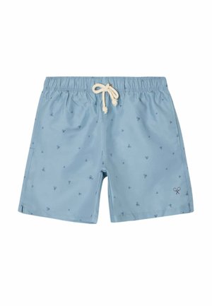 Costume da bagno azzurro chiaro con piccolo motivo di forbici blu scuro e cordoncino bianco in vita elastica.