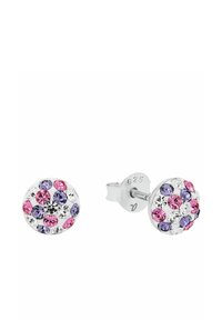 Pendientes de plata con diseño circular que presenta cristales rosa, púrpura y transparentes en un patrón decorativo. Marcados con 925 para plata de ley.