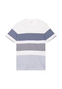 Puuvillainen t-paita, jossa on vaakaraitoja tummansinisestä, vaaleansinisestä, harmaasta ja valkoisesta. Klassinen pyöreä pääntie ja lyhyet hihat. Pehmeä tekstuuri.