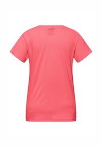 T-shirt a maniche corte in corallo, caratterizzato da un collo rotondo e un tessuto liscio e testurizzato. Etichetta stampata sul retro.