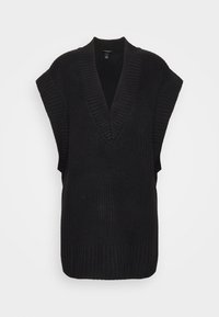 Svart stickad ärmlös tröja med djup V-ringning, strukturerad ribbad design och vida armhål. Har en avslappnad passform och enfärgad.
