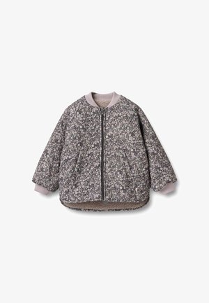 Quilted bomber jacket with a floral pattern in shades of purple and cream. Features a front zipper, ribbed cuffs, and a soft lining.