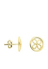 Orecchini a perno color oro con design circolare, motivo floreale, bordino texturizzato e chiusura a pressione.
