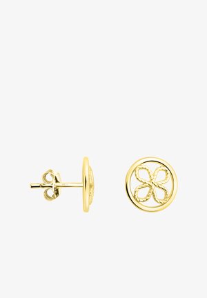 Boucles d'oreilles en or, de forme circulaire avec un motif floral, une bordure texturée et un fermoir à clip.