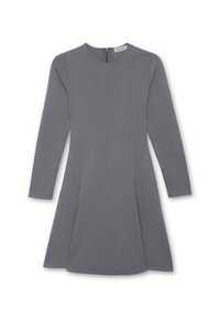 Vestido gris de manga larga con un corpino ajustado y falda acampanada. Textura suave y detalles en las costuras sutiles; cierre de cremallera en la parte posterior.