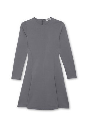 Vestido gris de manga larga con un corpino ajustado y falda acampanada. Textura suave y detalles en las costuras sutiles; cierre de cremallera en la parte posterior.