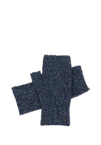 Temno modri brezprstni rokavici iz teksturiranega pletenega materiala, z rebrastim robom in majhnim okroglih logom.