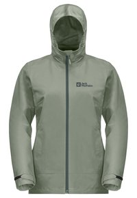 Zielona wodoodporna kurtka z zamkiem błyskawicznym z przodu, regulowanym kapturem i elastycznymi mankietami. Posiada logo na piersi oraz gładki, lekki materiał.
