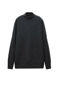 Pull en tricot gris charbon foncé avec col montant, manches longues, et poignets et ourlet côtelés.