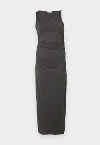 Tumši pelēkas krāsas bezroku kleita no mīksta auduma, ar savilkumu sānos un taisnu siluetu, garums līdz vidējai teļam.