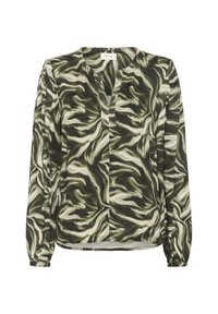 Blusa a maniche lunghe con motivo astratto a spirale verde, nero e bianco e un piccolo scollo a V sul colletto.