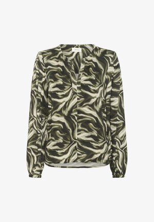 Pikkade varrukatega blouse, millel on roheline, must ja valge abstraktne keerispatsroon ning väike V-kujuline lõhe krae juures.