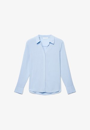 Blusa a maniche lunghe azzurro chiaro con chiusura frontale con bottoni, collo con revers e tessuto liscio e morbido. Presenta un orlo curvo e maniche con polsini.