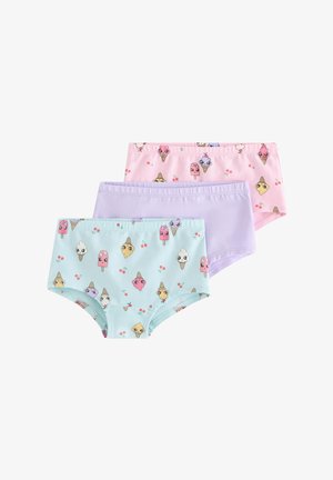 Kolmet lasten alushousut pastellin vaaleanpunaisina, violetina ja sinisenä, vaaleanpunaisissa ja sinisissä parissa vaaleanpunaisia ja keltaisia jäätelötötterö- ja tikkukuvioita.