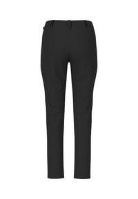 Black trousers with a slim fit, featuring a smooth texture, two back pockets, and a clean waistband design with subtle stitching accents.