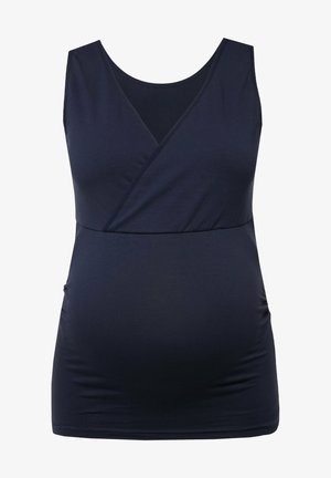 Donkerblauwe zwangerschaps tanktop met een wikkelontwerp, zachte rekbare stof en zijrimpeling voor comfort. Ideaal voor het ondersteunen van een groeiende buik.