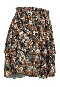 Jupe fleurie en couches dans des tons sombres avec du brun, du vert et du beige. Taille élastique, volants superposés et tissu doux et texturé.