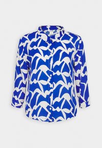 Camicia button-up blu e bianca, caratterizzata da un audace motivo astratto, maniche lunghe, colletto e una finitura liscia e setosa.