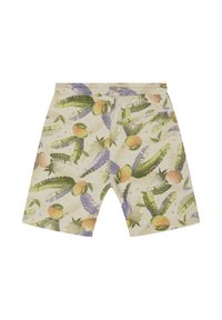 Shorts beige clair avec un imprimé coloré de fruits tropicaux et de feuilles. Fabriqués en tissu doux avec une taille élastiquée et des poches latérales.