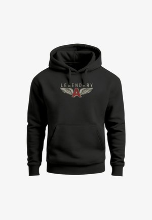Black hoodie featuring a front kangaroo pocket, ribbed cuffs, and a graphic print with the text "LEGENDARY" and an "A" with wings.