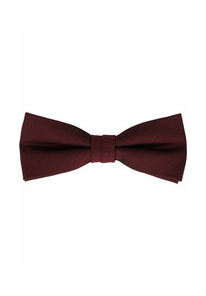 Burgundy bow tie made from textured fabric with a central knot. Features a classic shape and neatly finished edges.