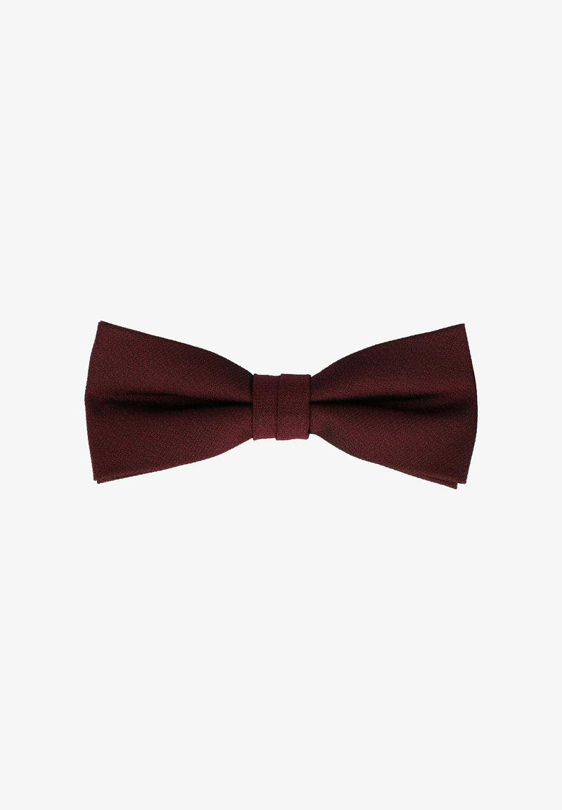 Burgundy bow tie made from textured fabric with a central knot. Features a classic shape and neatly finished edges.
