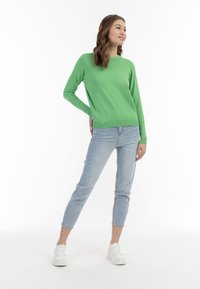 Zöld, hosszú ujjú pulóver, könnyű kötésű, kerek nyakkivágású. Világoskék, slim-fit farmernadrággal és fehér tornacipővel párosítva. Egyszerű és laza dizájn.