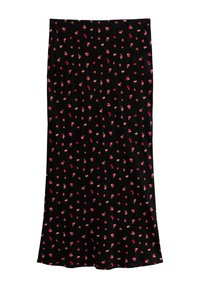 Jupe noire avec un petit imprimé floral rouge et rose. Texture douce et lisse, mi-longue, coupe ajustée, avec une légère évasement à l'ourlet.