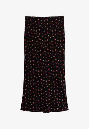 Jupe noire avec un petit imprimé floral rouge et rose. Texture douce et lisse, mi-longue, coupe ajustée, avec une légère évasement à l'ourlet.