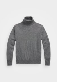 Grauer Rollkragenpullover aus weichem Stoff, mit langen Ärmeln, gerippten Bündchen und Saum sowie einem kleinen Logo auf der Brust.