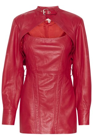 Rote Lederjacke mit quadratischem Ausschnitt, langen Ärmeln und einem einzigartigen Kragen-Design mit Schnalle. Glatte Textur und figurbetonte Silhouette.