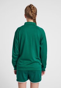 Groene sportieve top met lange mouwen van textuurstof, raglanmouwen en een kraag, gecombineerd met bijpassende groene shorts met witte details.