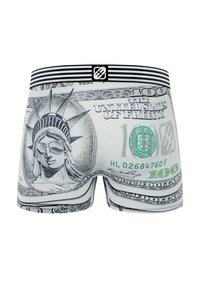 Boxers pour homme imprimés avec un motif de billet de 100 dollars américains, représentant la Statue de la Liberté portant des lunettes de soleil et une ceinture à rayures.