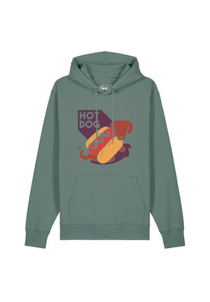 Grüner Hoodie mit einem Cartoon-Dackel in einem Hotdog-Brötchen und dem Text "HOT DOG" über dem Hund.