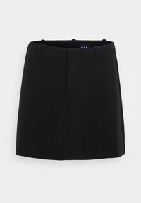 Zwarte rok met een gladde stoffen textuur, minimalistisch ontwerp, twee voorzakken en een lengte tot halverwege de bovenbenen. Inclusief ceintuurlussen bij de taille.