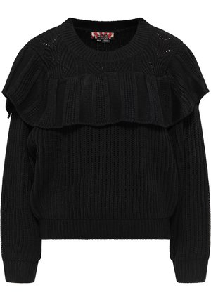 Maglione nero lavorato a maglia con motivi testurizzati verticali e orizzontali, un colletto arruffato e polsini e orlo a coste.