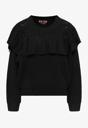 Černý pletený svetr s texturovanými vertikálními a horizontálními vzory, volánkovým výstřihem a žebrovanými manžetami a lemem.