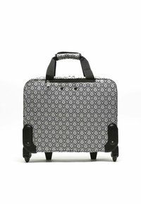 Black and white patterned suitcase with a rectangular shape, top handle, wheels, and a zip closure. Textured fabric exterior.
