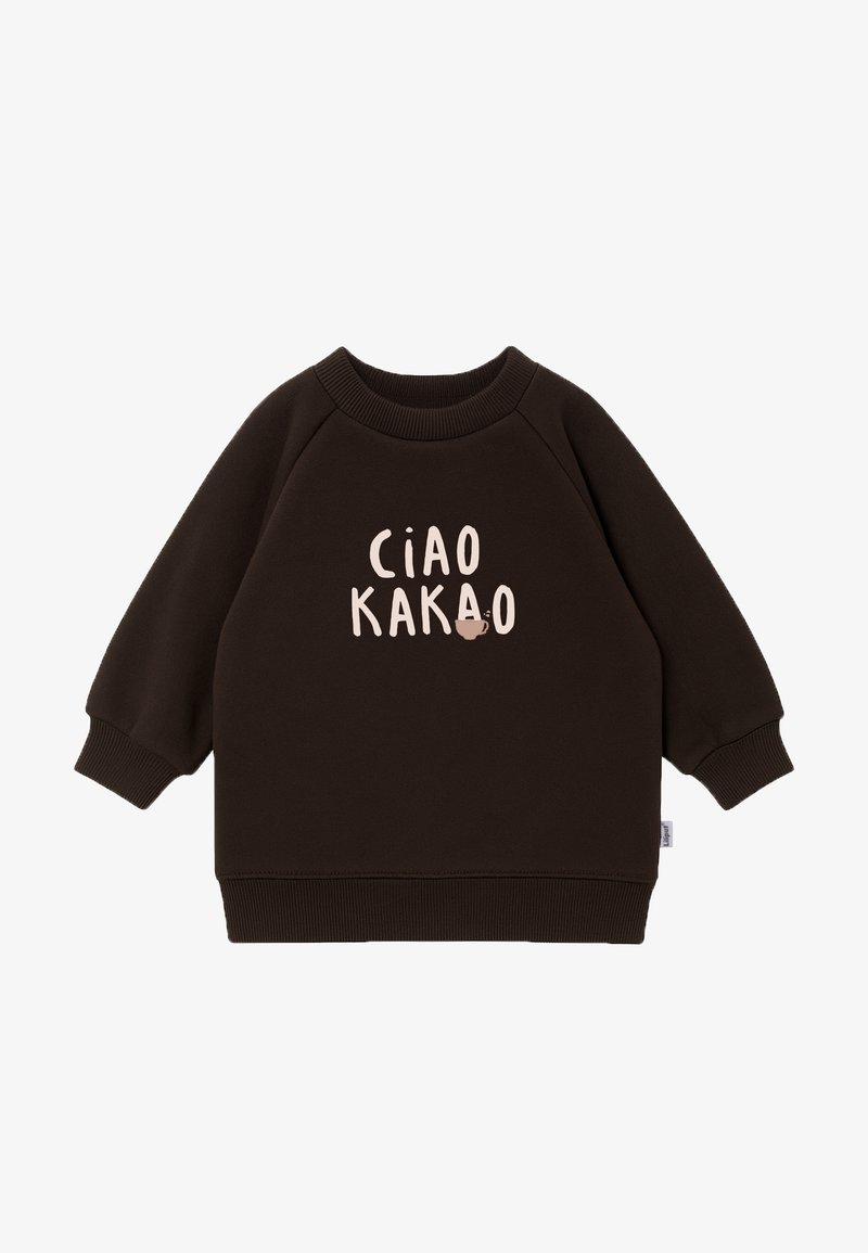 Brown, long-sleeve sweatshirt with ribbed cuffs and collar. Front graphic text reads "Ciao Kakao" in light pink with a small cup illustration.