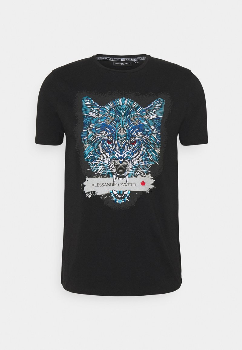 Sort bomulds t-shirt med et farverigt grafik af et lions ansigt, der har blå og hvide detaljer, samt teksten "Alessandro Zavetti" nedenfor.