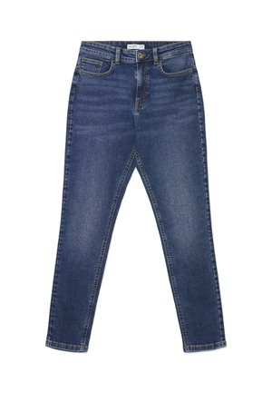 Jeans slim fit blu scuro con cinque tasche, chiusura con bottoni e passanti per cintura, distesi su uno sfondo bianco.