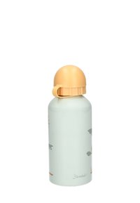 Weiße Metallwasserflasche mit beigem Kappenaufsatz und teilweise tierischen Illustrationen, am Boden mit "Sterntaler" beschriftet.