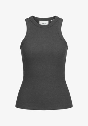 Dark gray ribbed tank top with a high neckline and sleeveless design. Features a fitted silhouette and smooth texture. Brand tag visible.