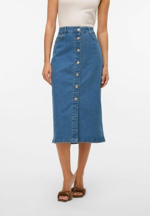 Tumedat denim midi seelik, millel on kitsas vöökoht, eesmine nööbivclosure ja kaks küljetaskut. Sile tekstuur, lihtne disain.