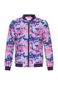 Giacca bomber colorata con un motivo camouflage nei toni del rosa, blu e viola, dotata di chiusura con zip frontale e polsini e orlo a coste in un uniforme blu navy.