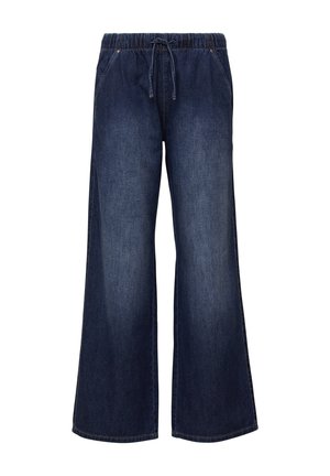 Leveled denim-housut, joissa on joustava vyötärönauha ja kiristysnauha. Tumansiniset, sileäpintaista kangasta ja huomaamattomat sivutaskut.