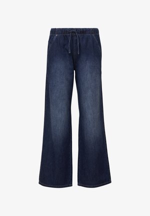 Wide-leg denim pants with an elastic waistband and drawstring. Dark blue color with a smooth texture and discreet side pockets.