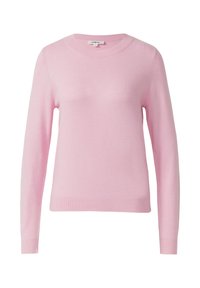 Różowy sweter wykonany z miękkiego dzianinowego materiału. Posiada okrągły dekolt, długie rękawy oraz prążkowane wykończenia na mankietach i dole.