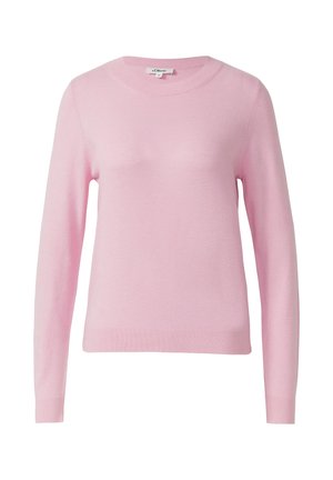 Różowy sweter wykonany z miękkiego dzianinowego materiału. Posiada okrągły dekolt, długie rękawy oraz prążkowane wykończenia na mankietach i dole.