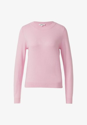 Różowy sweter wykonany z miękkiego dzianinowego materiału. Posiada okrągły dekolt, długie rękawy oraz prążkowane wykończenia na mankietach i dole.